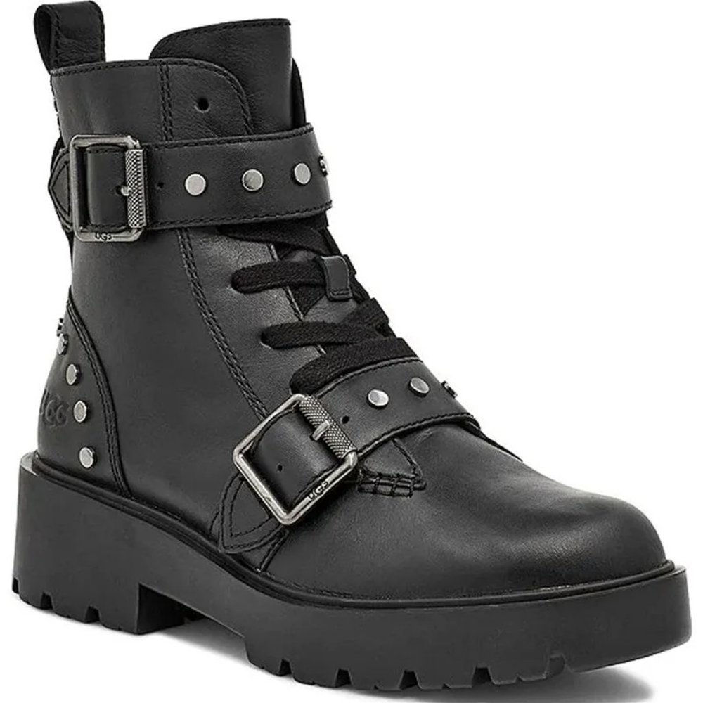 UGG Zorrah Studs Leather Buckle Strap Booties Black Size 8.5 1121053
